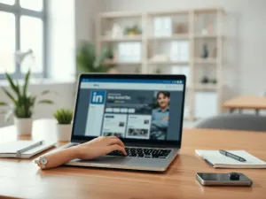 Osoba zakłada konto firmowe na LinkedIn na laptopie w nowoczesnym, jasnym biurze, w otoczeniu biurowych akcesoriów.