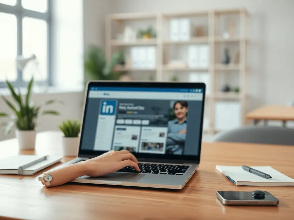 Osoba zakłada konto firmowe na LinkedIn na laptopie w nowoczesnym, jasnym biurze, w otoczeniu biurowych akcesoriów.