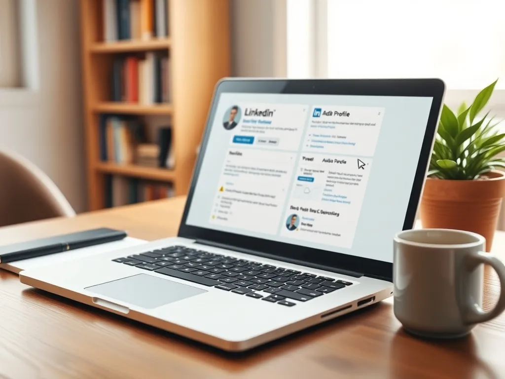 Laptop z otwartym profilem LinkedIn i podświetloną opcją „Add profile section” na biurku w domowym biurze.