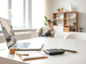 Spokojne domowe biuro, laptop z prostym wykresem, kalkulator i monety symbolizujące ulgę na start dla początkujących przedsiębiorców.