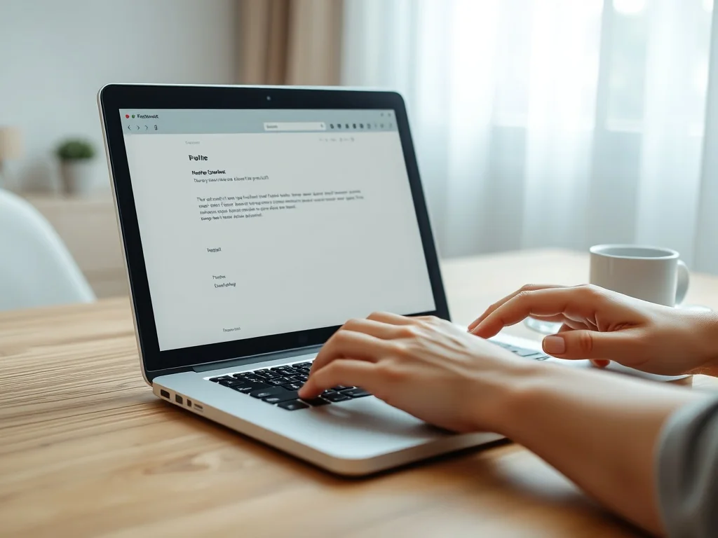 Osoba pisze uprzejmy mail na laptopie w jasnym, uporządkowanym biurze domowym, w tle roślina i kubek z kawą.