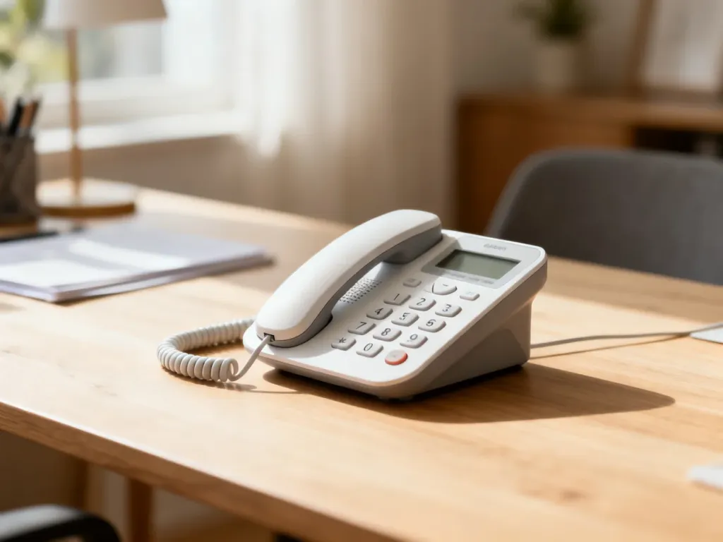 Nowoczesny telefon bezprzewodowy na biurku, symbolizujący łatwy kontakt z obsługą klienta nc+.