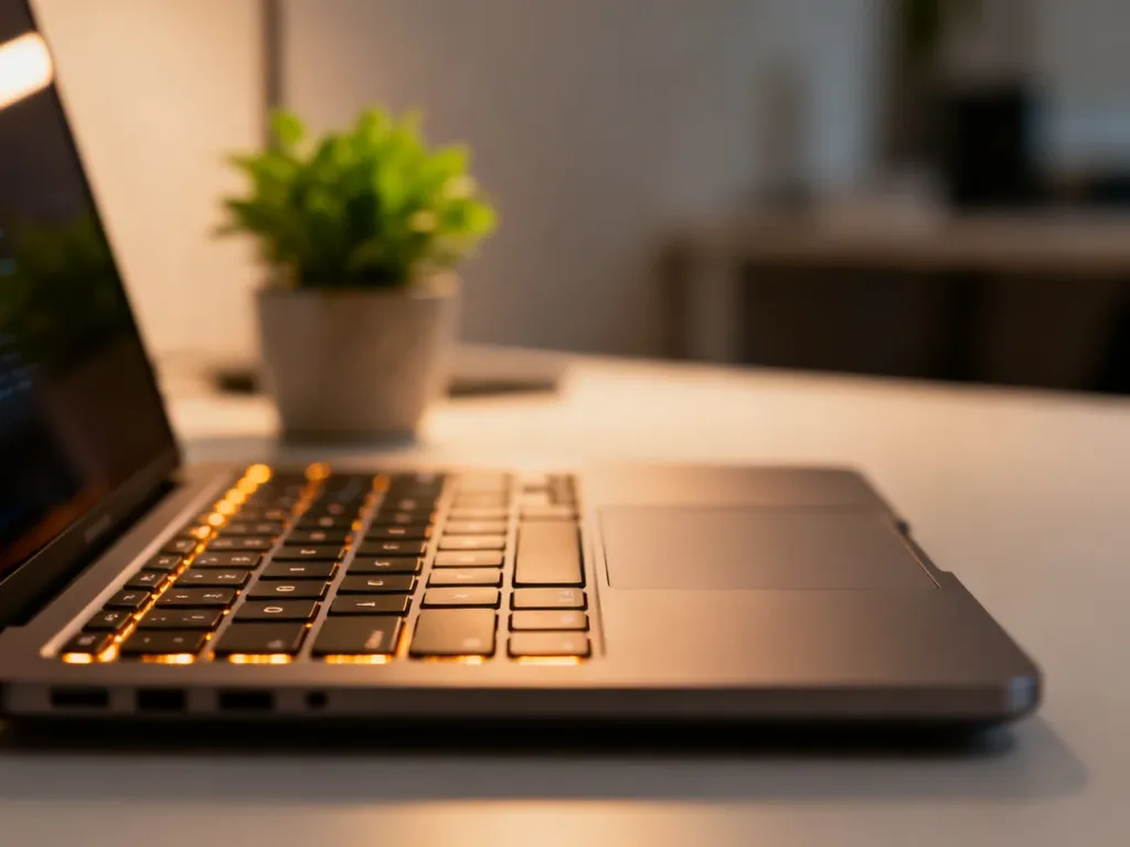 Nowoczesny laptop z podświetlaną klawiaturą w domowym biurze, symbolizujący łatwy dostęp do platformy edukacyjnej.