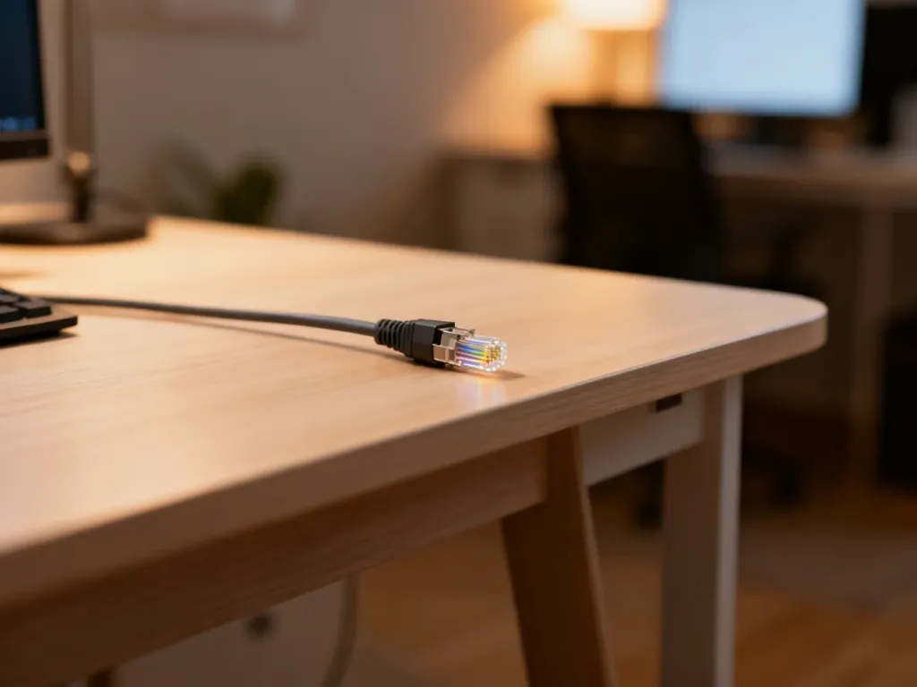 Końcówka kabla światłowodowego na biurku, symbolizująca nowoczesne łącze internetowe w domu.