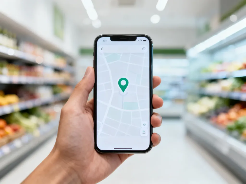 Dłoń trzymająca smartfon z widoczną mapą, ułatwiającą znalezienie lokalizacji sklepu Lewiatan i sprawdzenie godzin otwarcia.