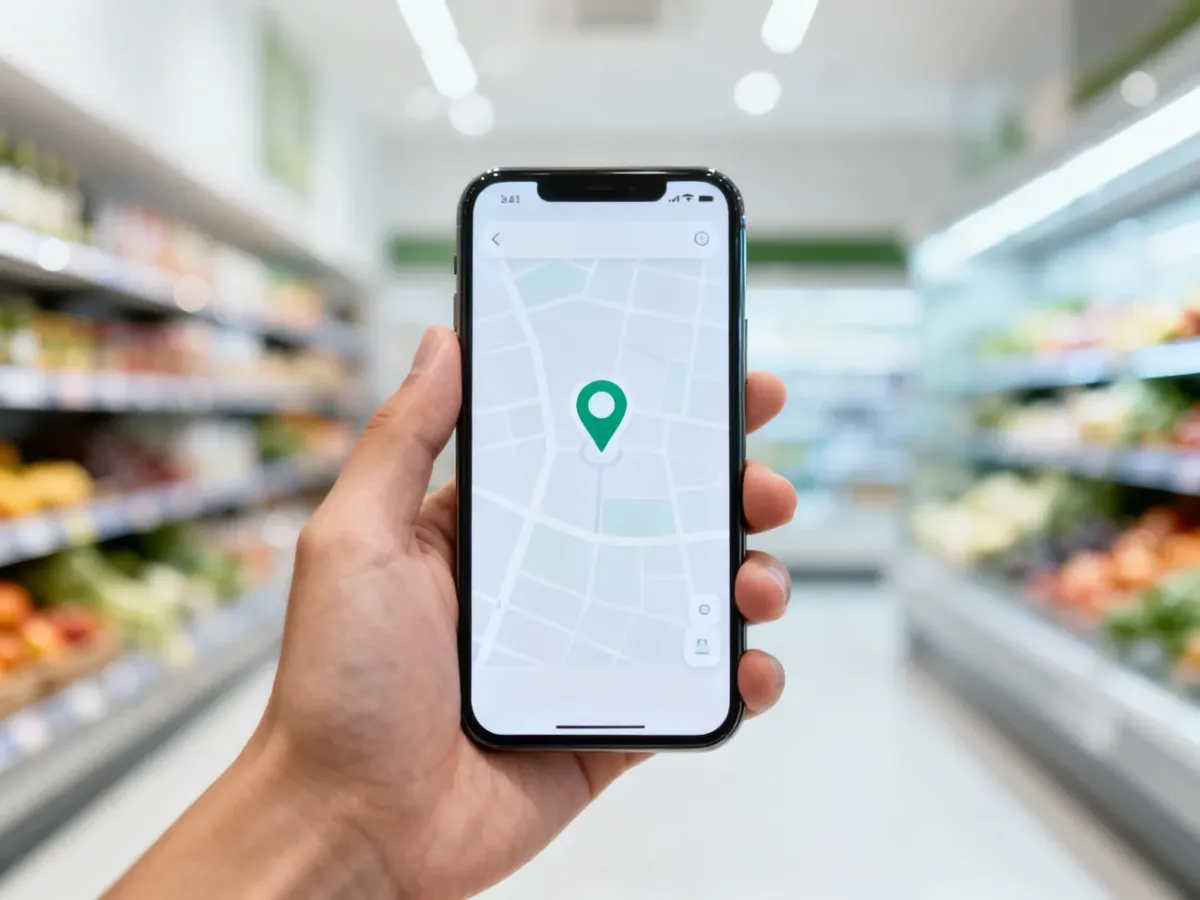 Dłoń trzymająca smartfon z widoczną mapą, ułatwiającą znalezienie lokalizacji sklepu Lewiatan i sprawdzenie godzin otwarcia.