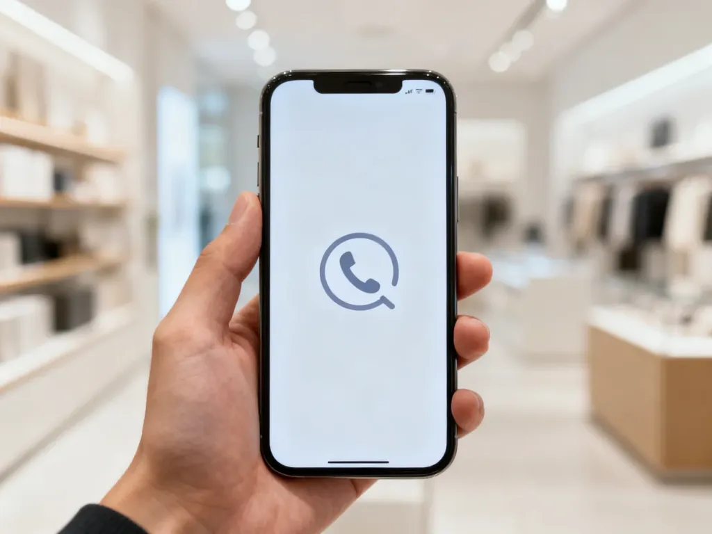 Dłoń trzymająca smartfon z ikoną kontaktu na ekranie, na tle wnętrza nowoczesnego sklepu.