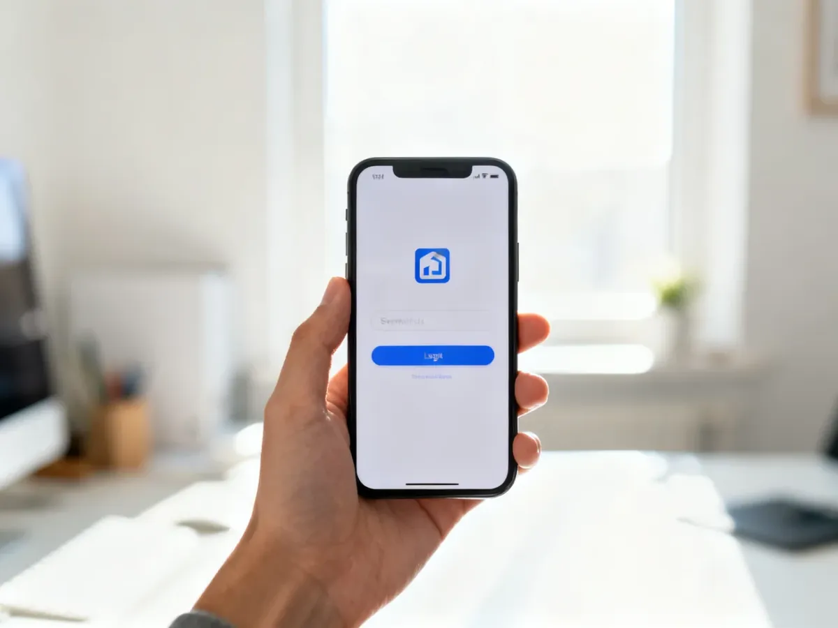 Dłoń trzymająca smartfon z widocznym ekranem logowania w jasnym, nowoczesnym biurze.
