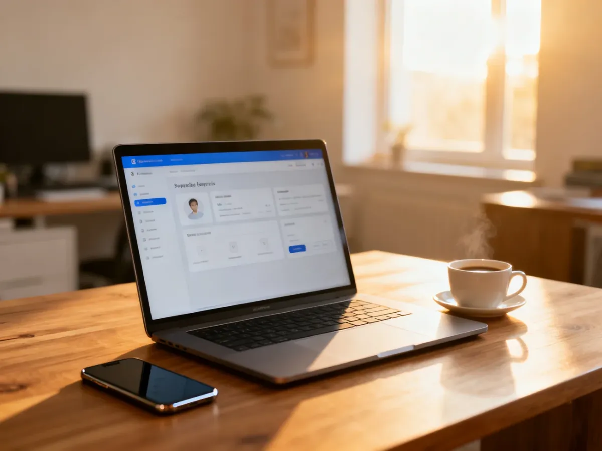 Nowoczesne stanowisko pracy z laptopem, smartfonem i kawą, symbolizujące wygodne zarządzanie e-fakturami online.