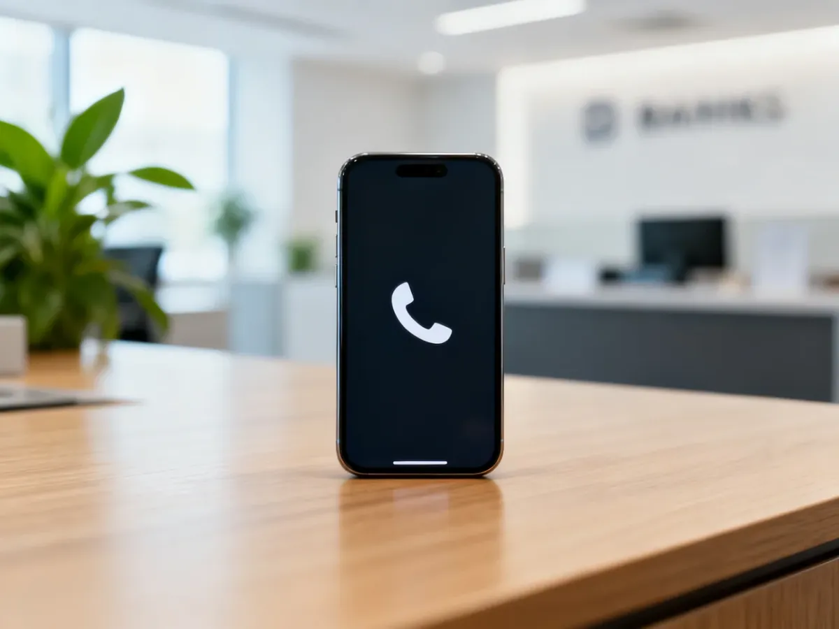 Smartfon z ikoną połączenia na drewnianym biurku w tle nowoczesnego biura bankowego.