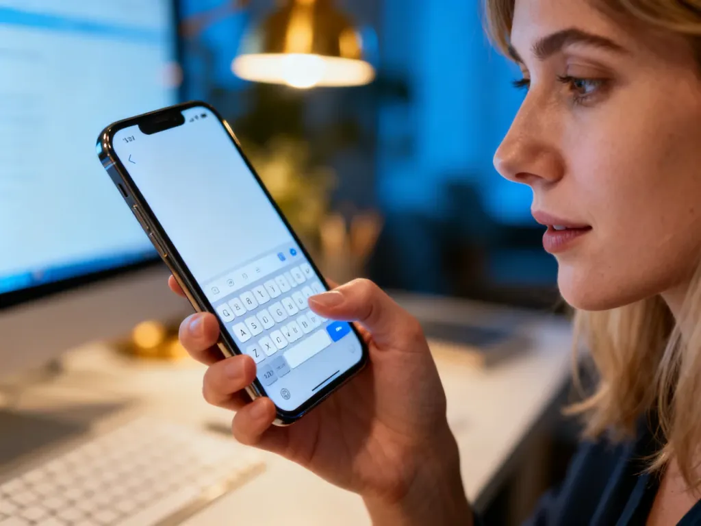 Dłonie trzymające smartfon z widoczną klawiaturą ekranową, gotową do wpisywania polskich znaków w wiadomościach SMS.