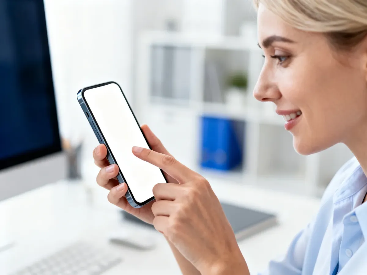 Kobieta w jasnym biurze dotyka ekranu smartfona, co ilustruje proces oznaczania użytkownika na Instagramie.