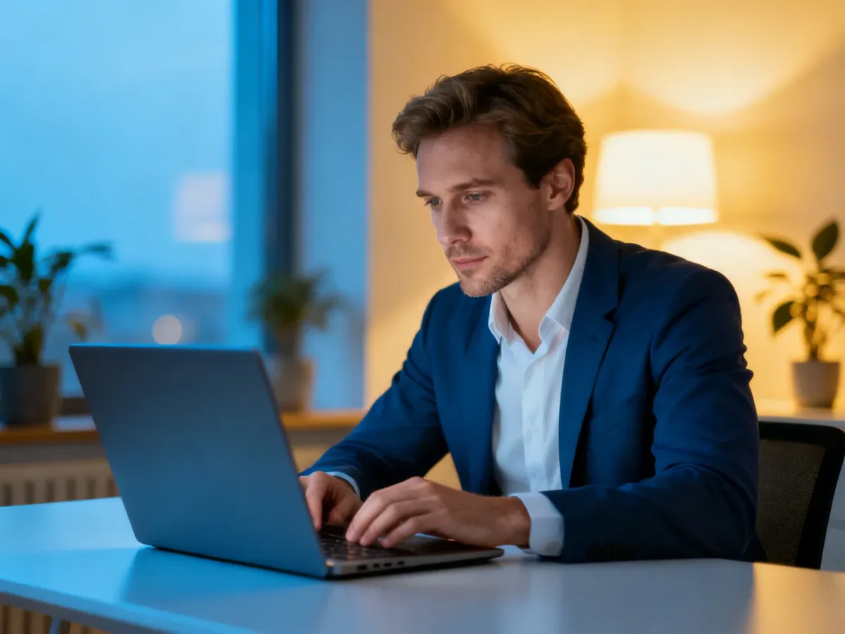 Mężczyzna pracujący przy laptopie w nowoczesnym biurze domowym, symbolizujący wygodne korzystanie z bankowości online.