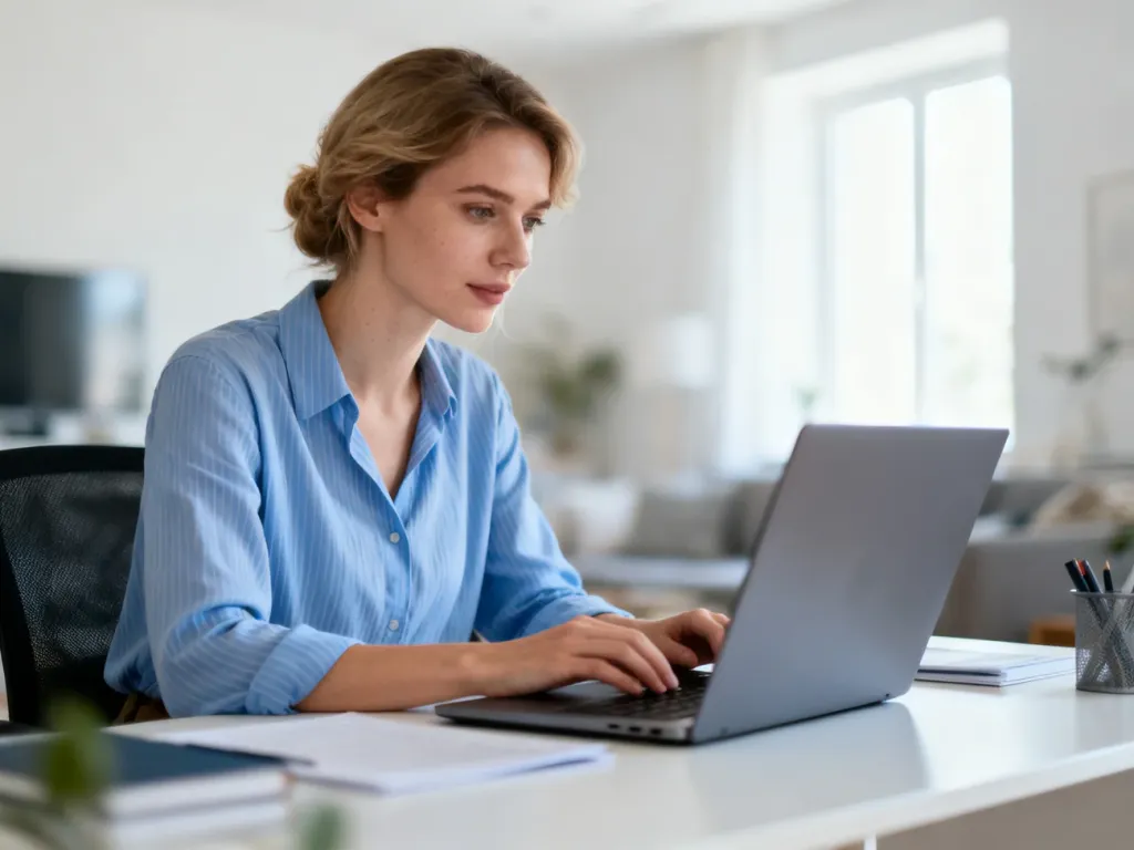 Kobieta skupiona na pracy przy laptopie w jasnym, domowym biurze, symbolizująca wygodny dostęp do platformy edukacyjnej.
