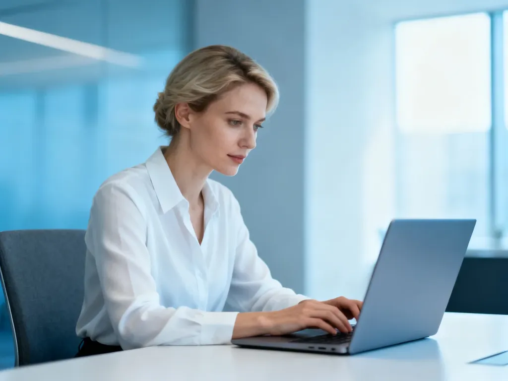 Profesjonalistka pracująca przy laptopie w nowoczesnym biurze, symbolizująca łatwy dostęp do systemu Merlin X.