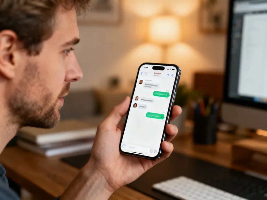 Mężczyzna trzymający smartfon z otwartą aplikacją Messenger w przytulnym domowym biurze.