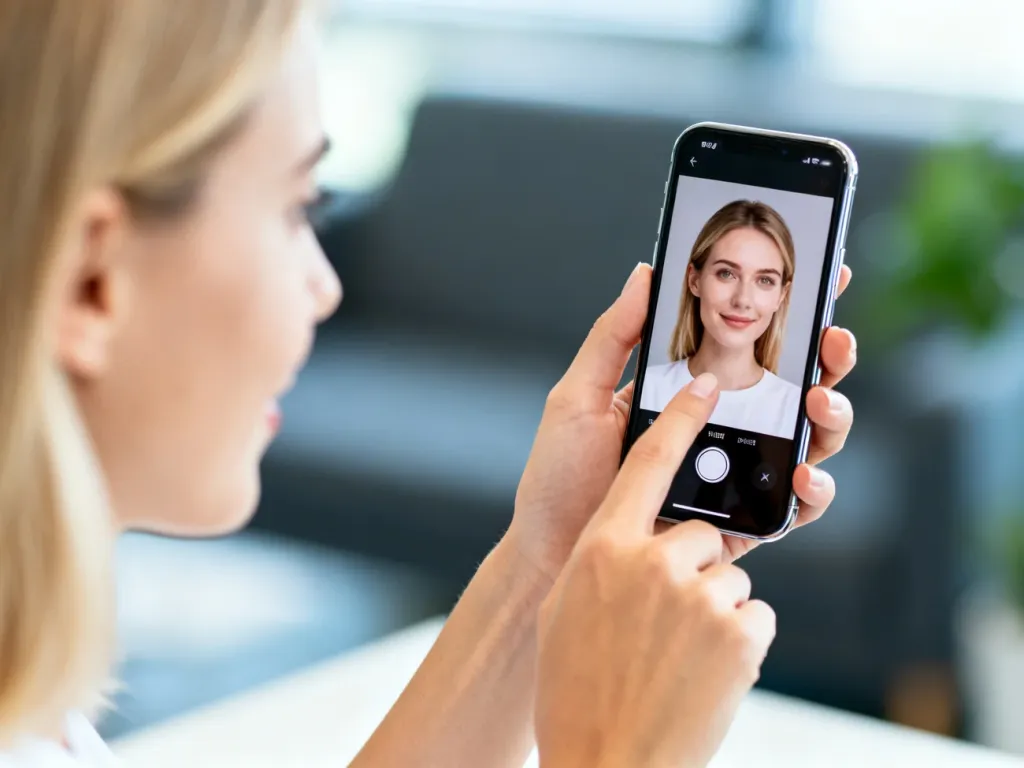 Kobieta zmieniająca zdjęcie profilowe na smartfonie w jasnym biurze.