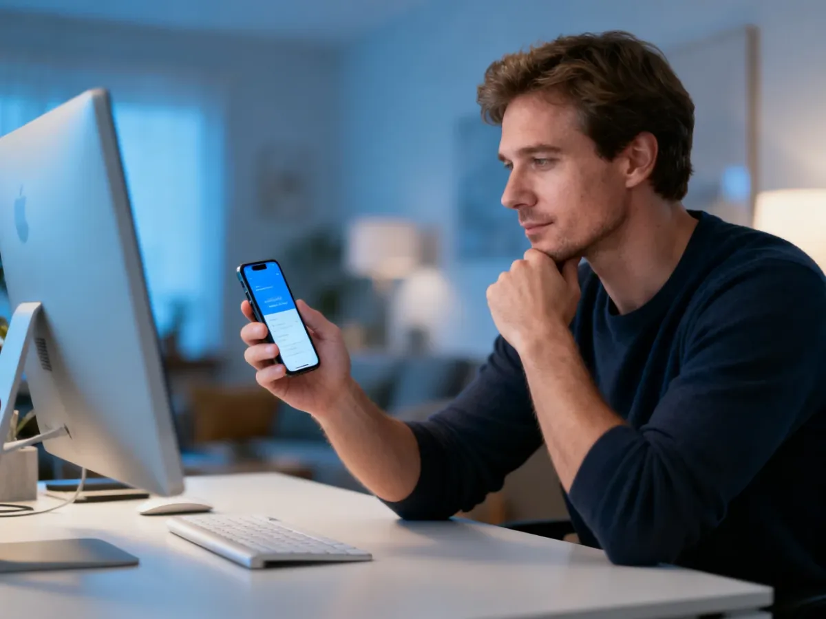 Mężczyzna siedzący przy biurku z telefonem w dłoni, zastanawiający się nad decyzją o usunięciu konta w mediach społecznościowych.