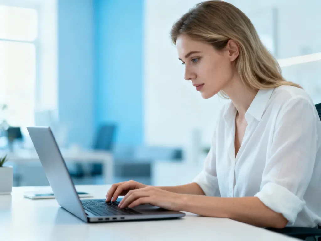 Kobieta skupiona na pracy przy laptopie w nowoczesnym, jasnym biurze domowym.