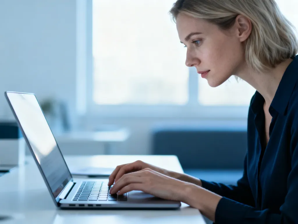 Kobieta pracująca przy laptopie w nowoczesnym biurze domowym, skupiona na obsłudze poczty elektronicznej.