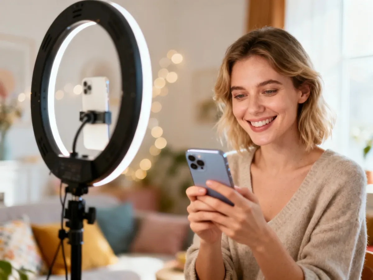 Uśmiechnięta kobieta trzymająca smartfon w domowym studio, przygotowująca się do transmisji na żywo.
