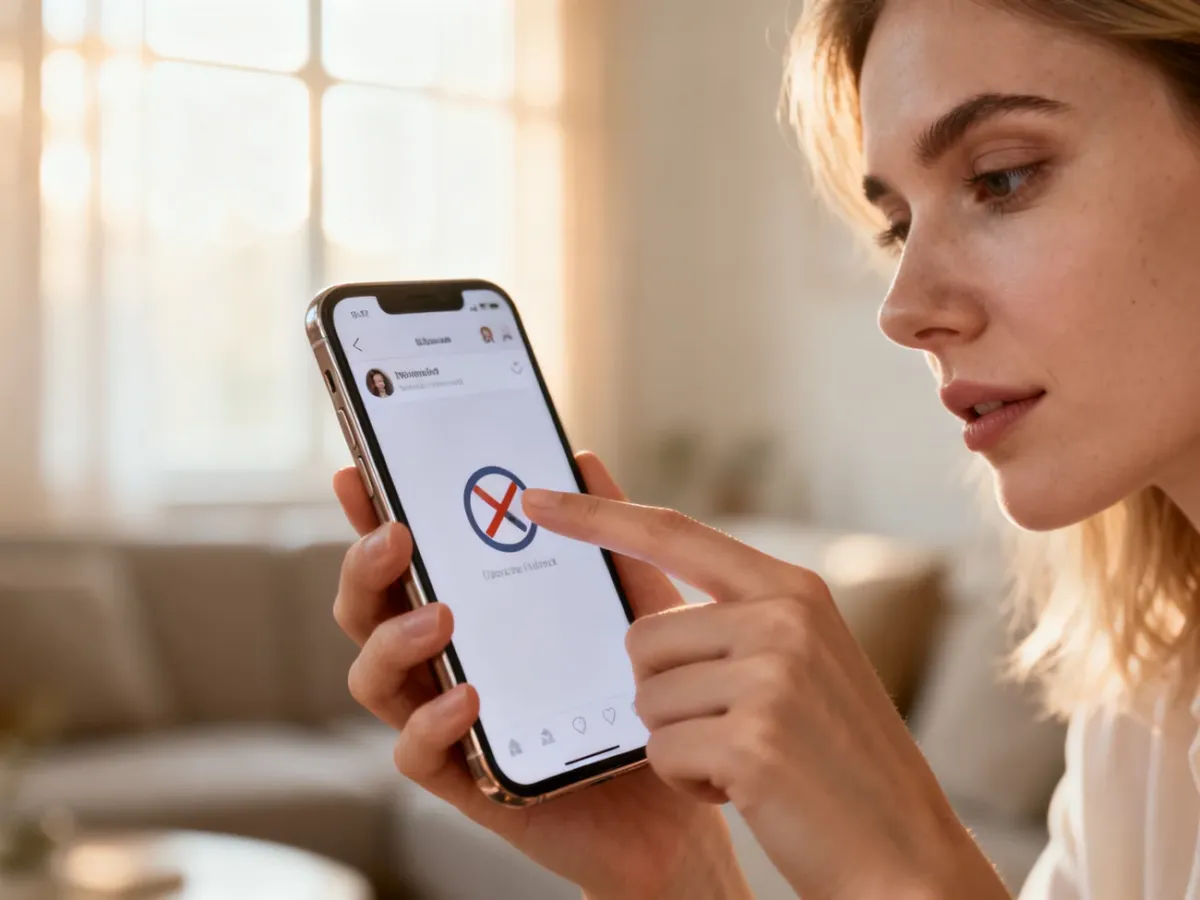 Kobieta trzymająca smartfon z palcem nad ikoną usuwania w aplikacji społecznościowej.