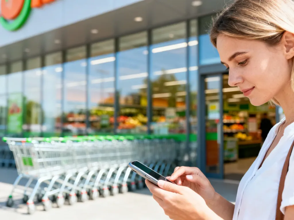 Kobieta sprawdza w smartfonie informacje o sklepie przed wejściem do nowoczesnego supermarketu Intermarché.
