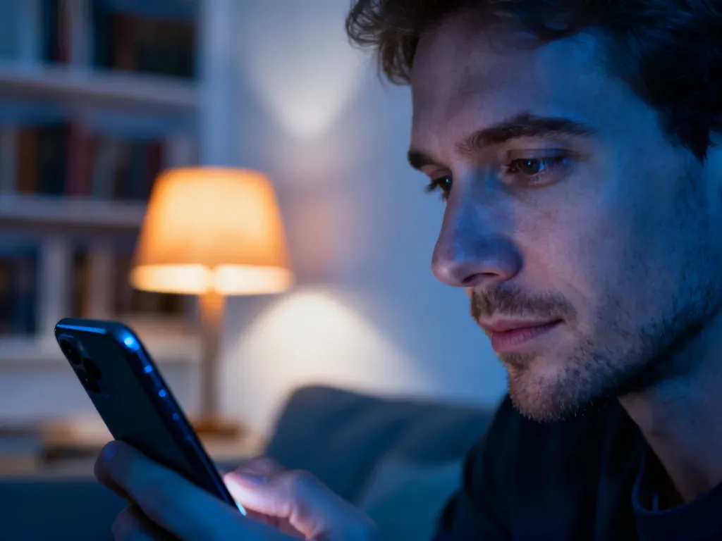 Mężczyzna skupiony na ekranie smartfona w przytulnym salonie, logujący się do aplikacji Messenger.