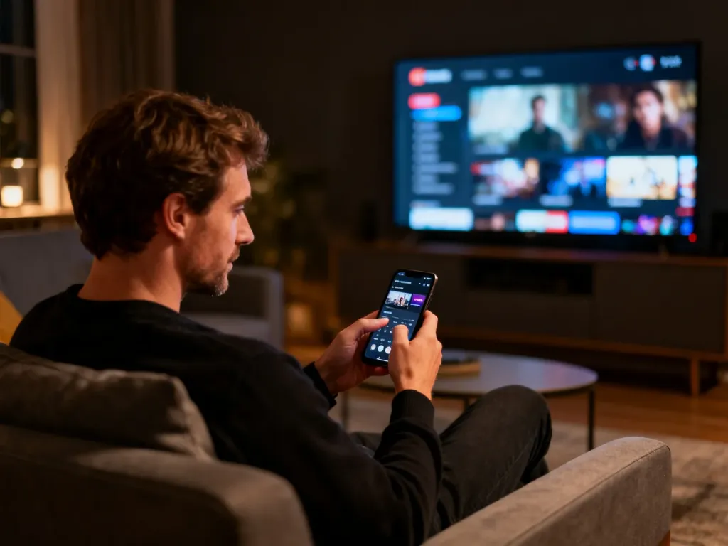 Mężczyzna korzystający ze smartfona w przytulnym salonie, przygotowujący się do oglądania treści na platformie Netflix.