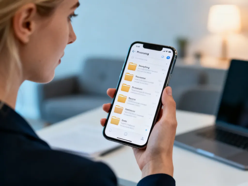 Kobieta trzymająca smartfon z otwartym interfejsem wiadomości, ułatwiającym zarządzanie folderami SMS.