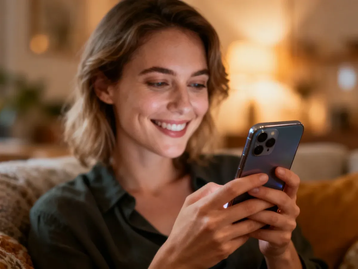 Kobieta z uśmiechem przegląda telefon w przytulnym salonie, ilustrując proces zapisywania zdjęć z Instagrama.