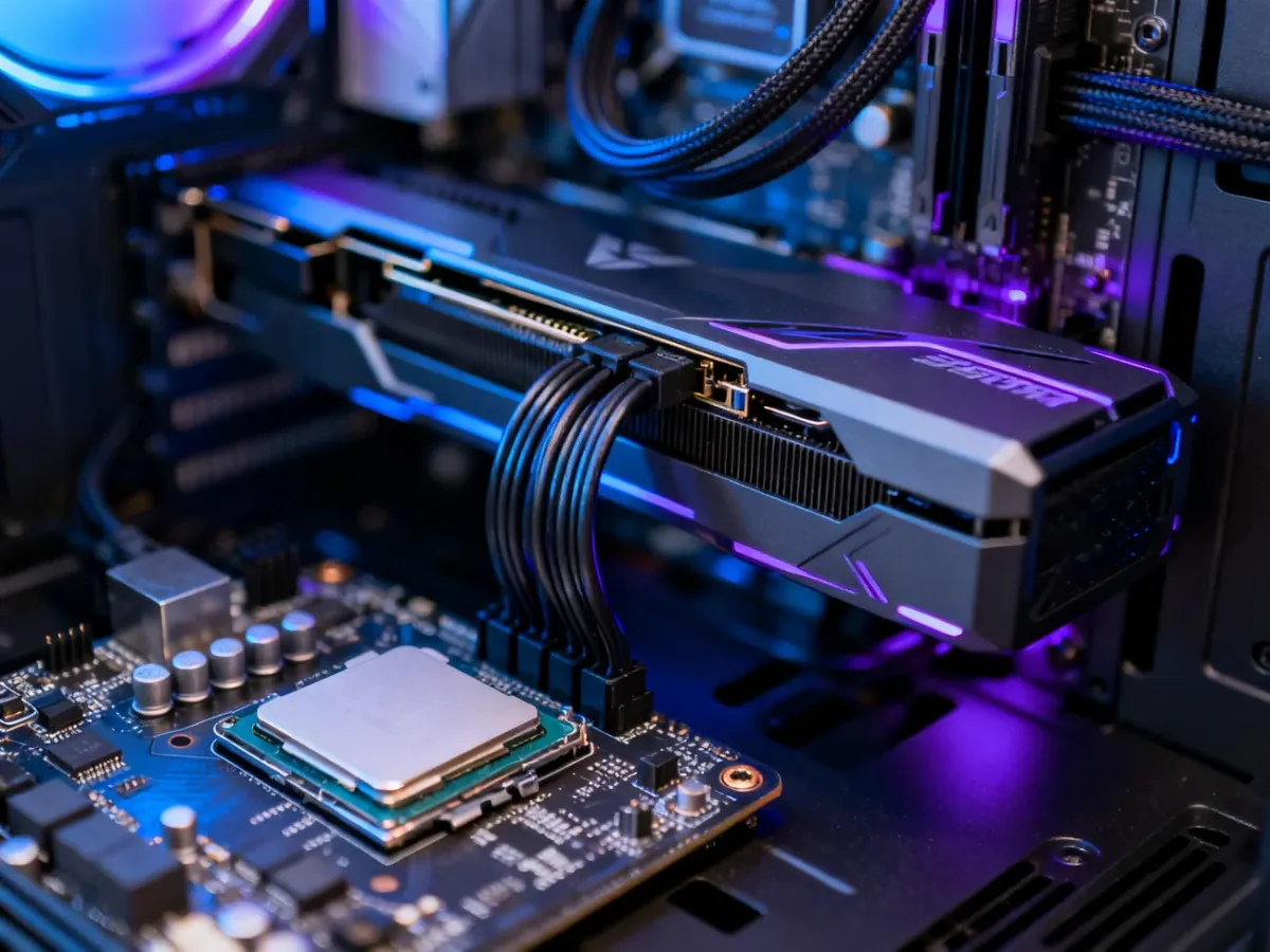Wnętrze gamingowego PC z mocnym CPU i GPU, podkreślające zbalansowany zestaw bez bottlenecku