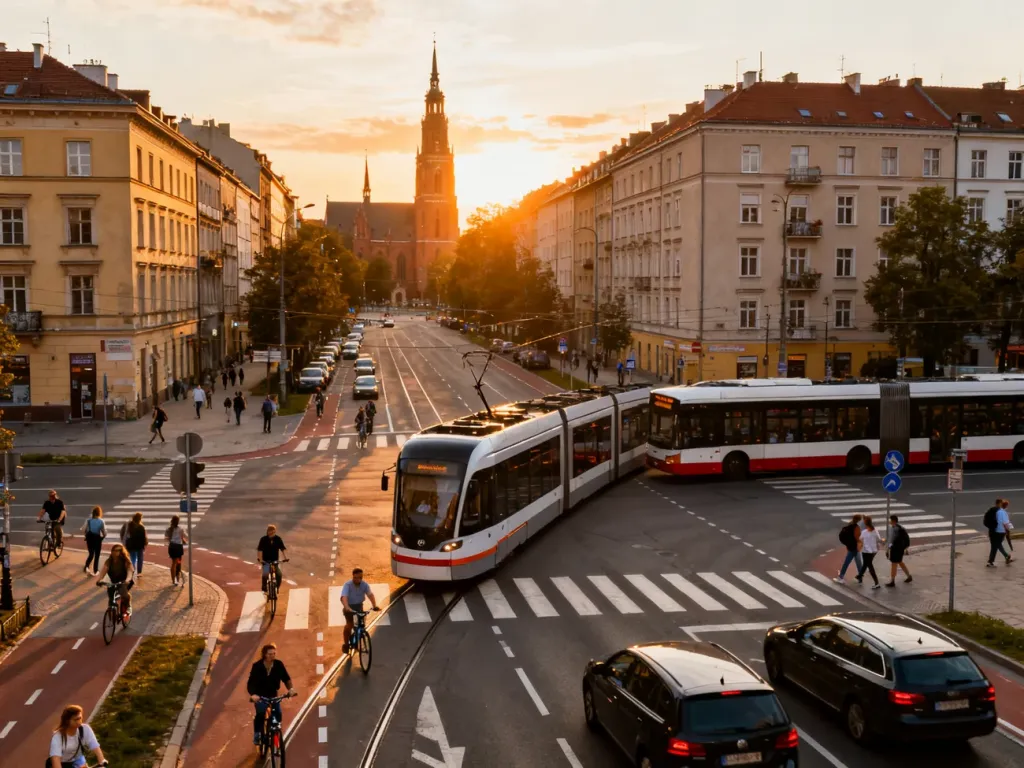 Ruchliwe skrzyżowanie we Wrocławiu z tramwajem, autobusem, rowerzystami i pieszymi na tle kamienic o zachodzie słońca, no text on the picture