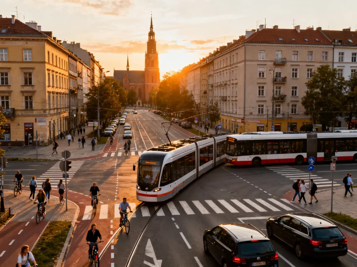 Ruchliwe skrzyżowanie we Wrocławiu z tramwajem, autobusem, rowerzystami i pieszymi na tle kamienic o zachodzie słońca, no text on the picture