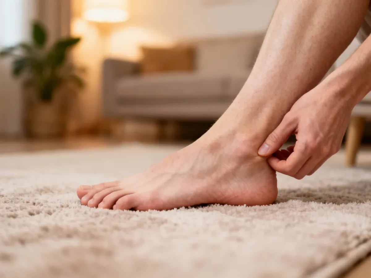 Prawa stopa drapana z powodu swędzenia, zbliżenie na podeszwę w przytulnym domowym wnętrzu, no text on the picture