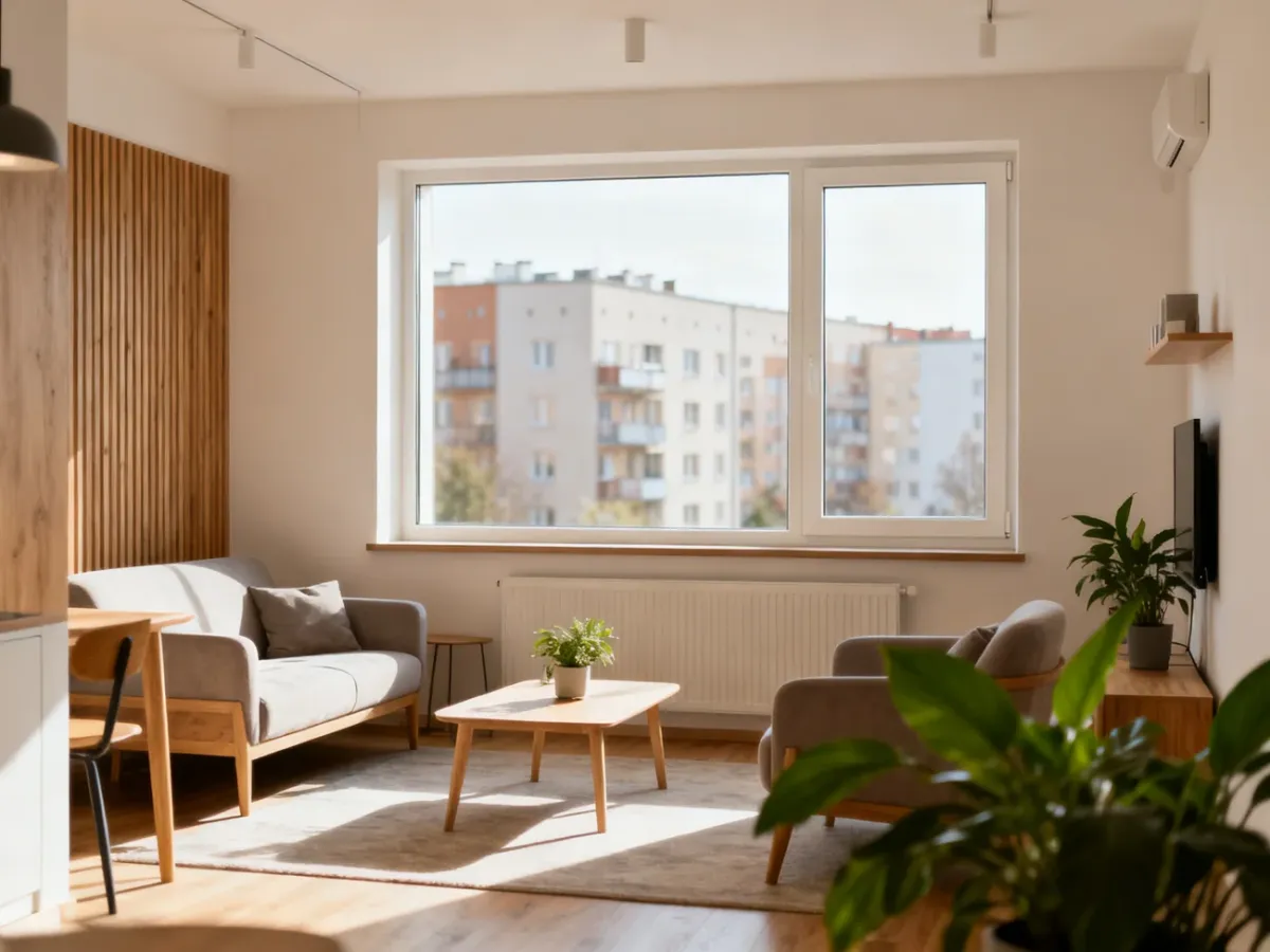 Jasny, nowoczesny salon w mieszkaniu w Sosnowcu, ukazujący przytulne, minimalistyczne wnętrze miejskiego apartamentu, no text on the picture