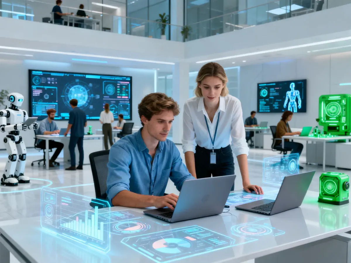 Młodzi profesjonaliści współpracują w futurystycznym biurze z AI, robotami i zielonymi technologiami, symbol zawodów przyszłości, no text on the picture